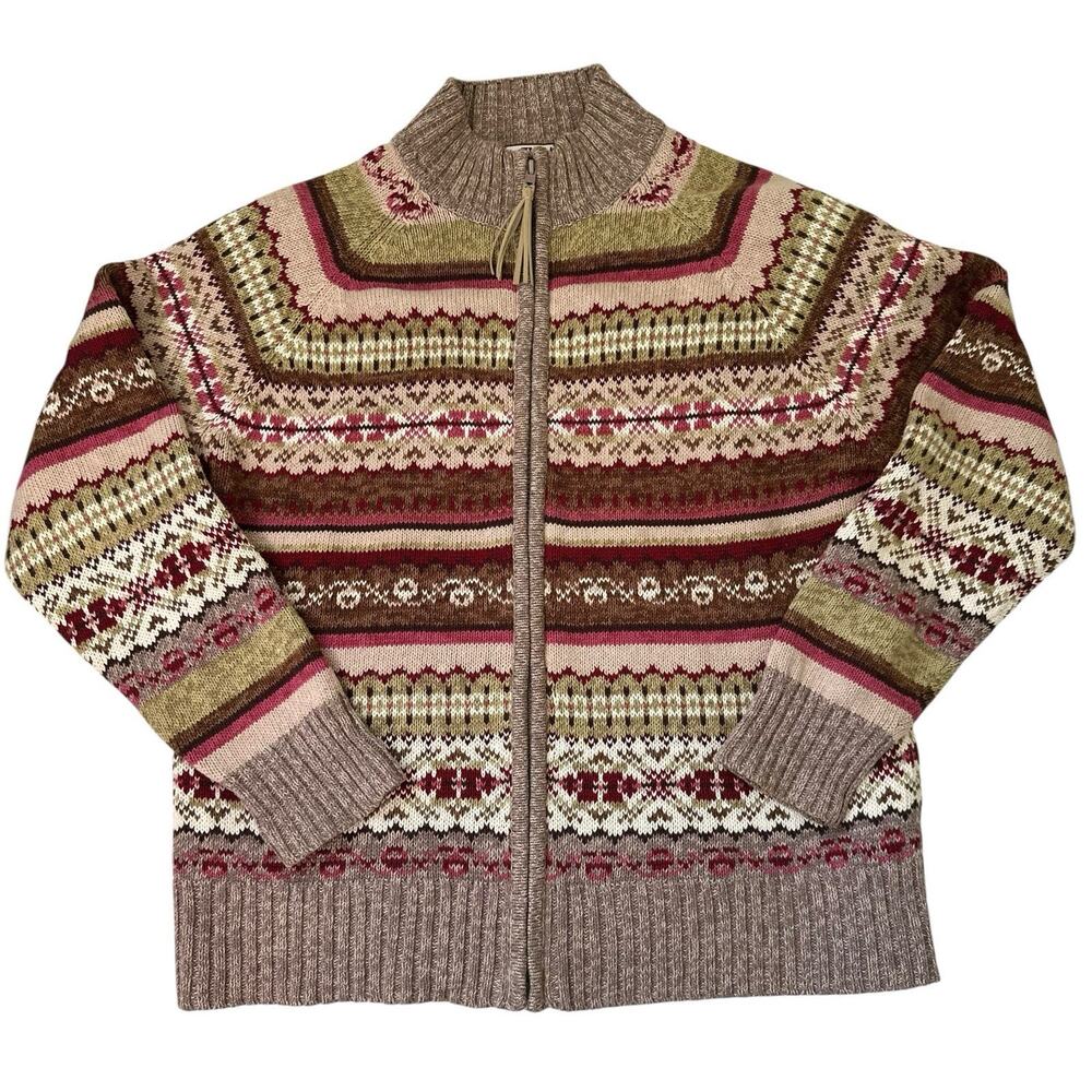 Tiara International Vintage Pink Brown Green Fair Isle Zipper Front Sweater Sz M